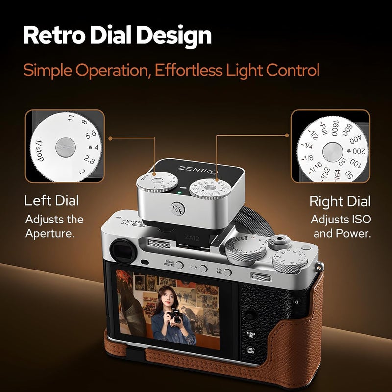 ZENIKO ZA-12S Dual Dial Retro Mini Flash - 2.5s Recycle, 7-Level Power, 400 Shots Single-Contact hotshoe Camera Flash for Fujifilm XM5/XT3, Sony A7M3, Ricoh GR3/4 Camera(Silver) - Image 3